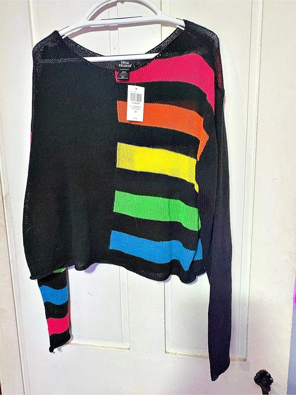 Social Collision Split Rainbow Boxy Knit Sweater Black & Pink 2X Hot Topic